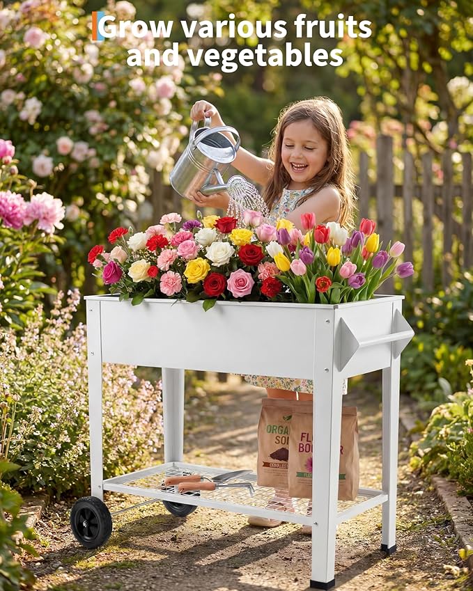 Elevate 39 Raised Garden Bed with Wheels &amp Storage Shelf 400 Lbs Capacity Anti-Rust Steel Planter Box for Vegetables &amp Herbs Patio/Balcony/Backyard
