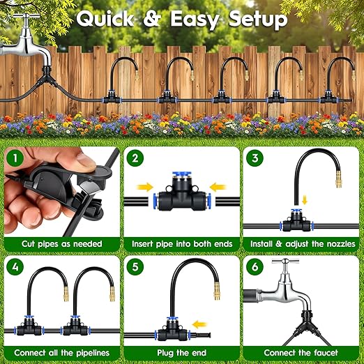 100Ft 360° Adjustable Drip Irrigation System Kit 1/4 Inch PE Tubing with 20 Bendable Nozzles Automatic Garden Watering System for Greenhouse Lawn Raised Bed Flower Bed
