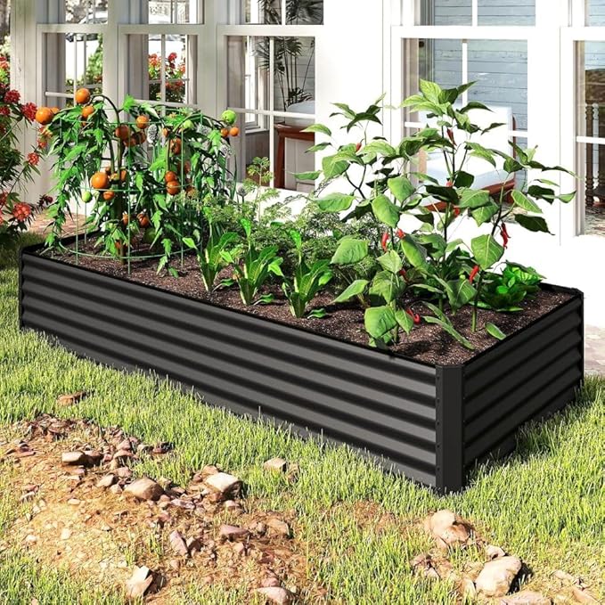 Heavy-Duty Galvanized Steel Raised Garden Bed for Outdoor Vegetable Fruit and Flower Planting – Rust-Resistant Metal Planter Box (Dark Gray - 8x4x1.5 ft)