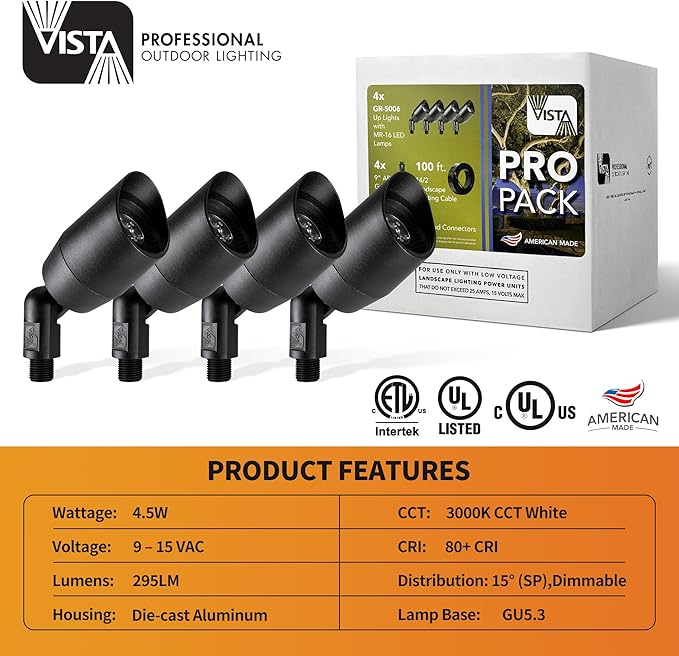VISTA 4 Pack Cast Aluminum Landscape Spotlights Low Voltage Landscape Lighting Spot Lights Outdoor with 4.5W MR16 LED Bulb for Yard Garden Lawn Tree