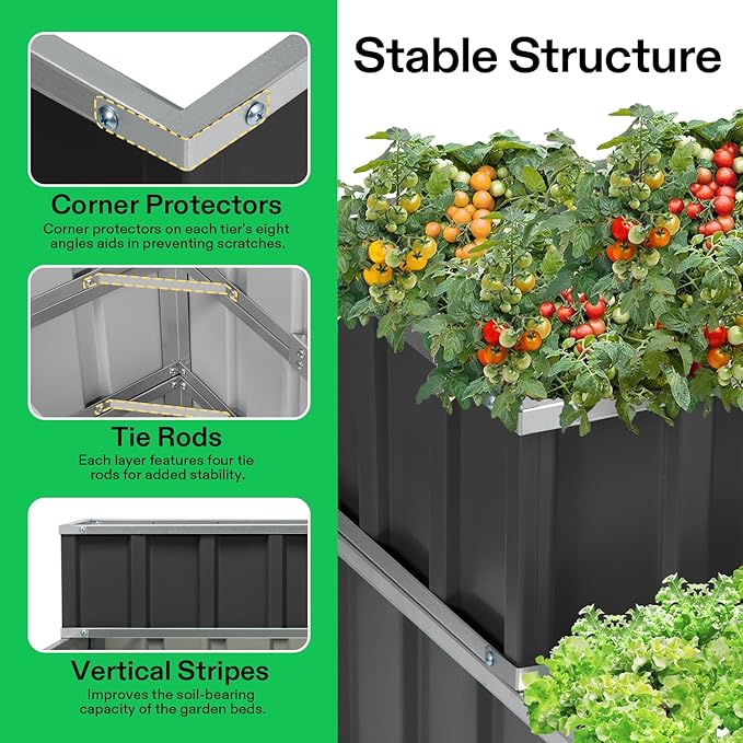 VIVOSUN 3-Tier Metal Raised Garden Bed 46 x 46 x 24 Galvanized Steel Metal Outdoor Planter Box with Gloves and Scissors to Grow Flowers Vegetables and Herbs for Outdoor Gardening Dark Gray