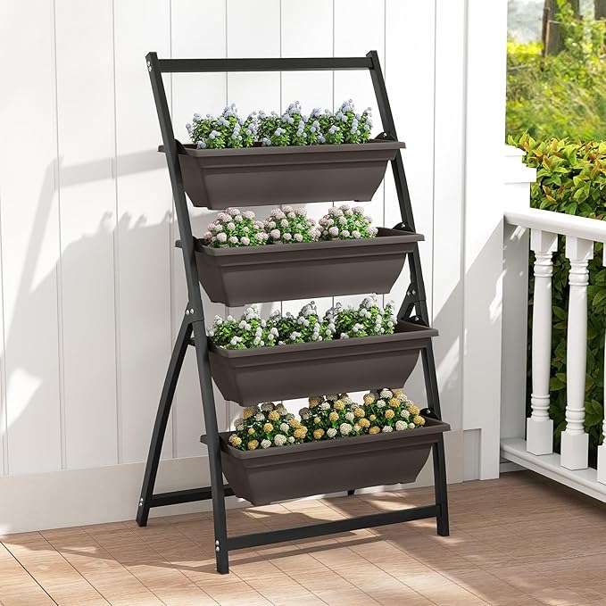 HAPPYGRILL 4-Tier Vertical Raised Garden Bed Elevated Planting Bed w/ 4 Stackable Flowerpots &amp Drainage Holes Indoor Outdoor Freestanding Planter Box w/Legs for Patio Yard (226 x 20.5'' x 49''