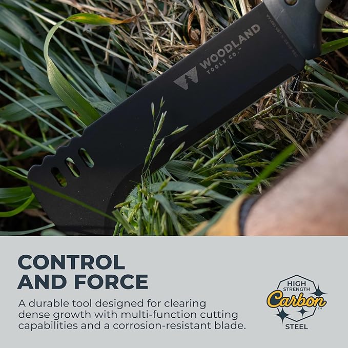 Woodland Tools Super Duty Brush Axe – 9 Inch Curved Blade with Triple Pinned Full Tang Long Handle Batoning Spine and Ballistic Nylon Sheath – Manual Tool for Brush Clearing and Trail Work