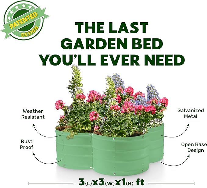 Plant &amp Plot Galvanized Raised Garden Beds Outdoor // 3×3×1 ft Planter Raised Beds for Gardening Vegetables Flowers // Large Metal Garden Box (Light Green) // Patented Tool-Free Design