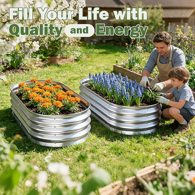 Galvanized Raised Garden Bed Outdoor 4x2x1ft(2Pack) Metal Heavy Duty Planter Boxes for Gardening Easy Assemble Small Oval Plant Container Kit for Vegetables Flowers Fruits Silver