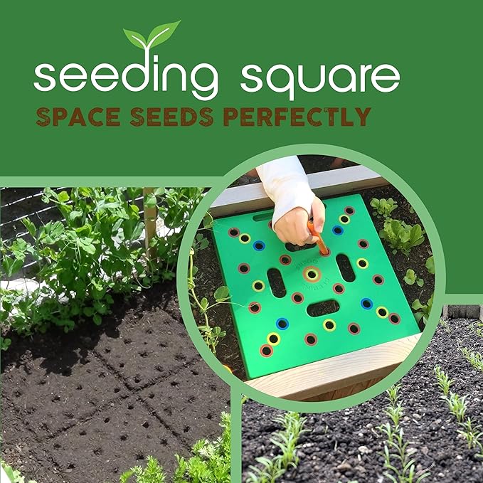 Seeding Square - Patented Seed and Seedling Spacer Tool for Bigger Harvests Organized Plants &amp Fewer Weeds – Color-Coded Gardening Template with Dibber Seed Spoon Ruler &amp Planting Guide
