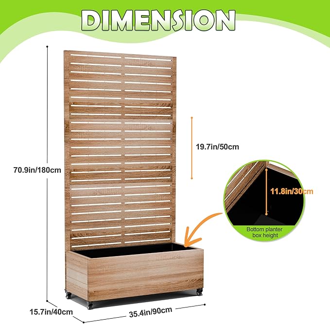 15.7×70.9×35.4 Metal Raised Garden Bed with Trellis and Wheels - Tall Trellis Planter Box for Climbing Plants Vegetables &amp Vines - Outdoor Privacy Planters for Patio (Cut Oak Grain)
