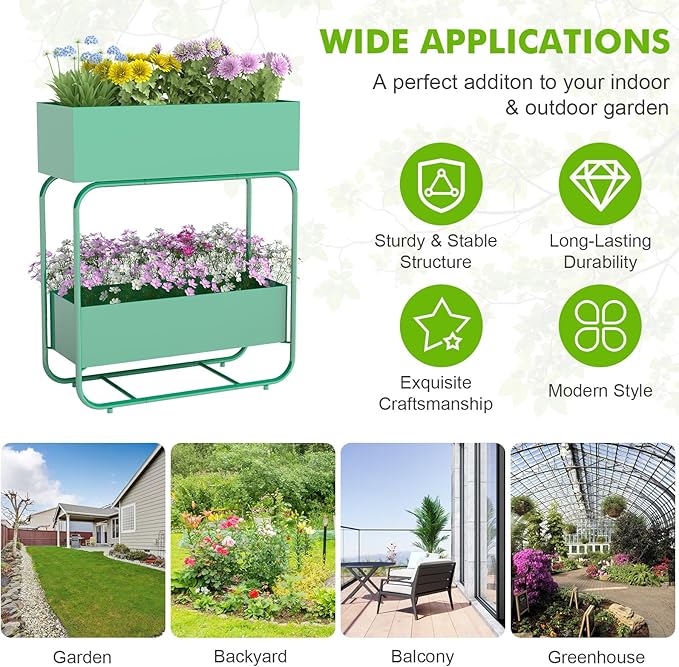 AIIT 2-Tier Metal Raised Garden Bed Planter Box with Drainage Double Layer Flower Stand for Vegetables and Herbs Indoor Outdoor