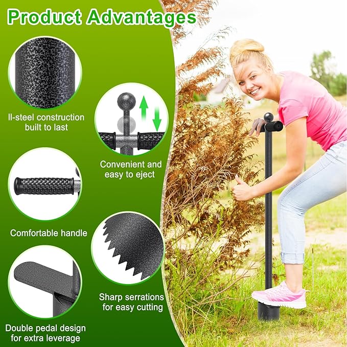 Dolibest Sod Plugger Tool Grass Plugger Tool with Dual Pedals Bulb Planter W/Sharp Serrations and Non-Slip Soft Grip Handle for Lawn Planting Bulbs and Grass Repair (No Assembly)
