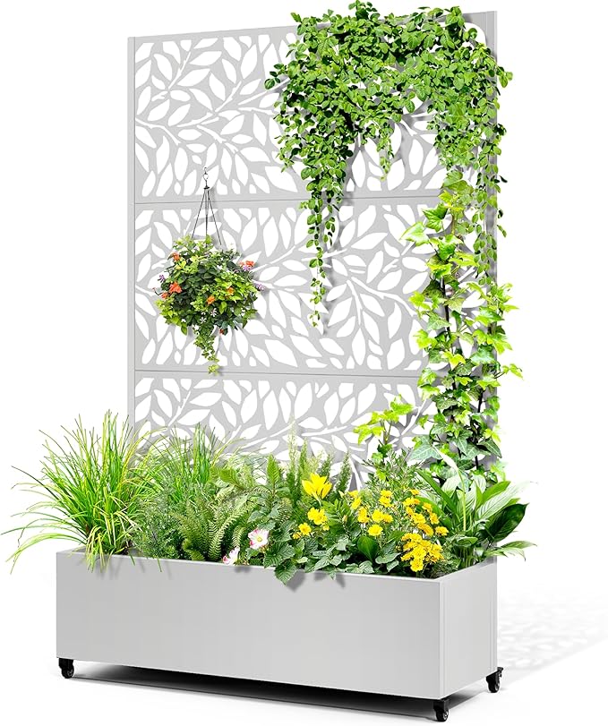 Metal Raised Garden Bed with Trellis 2 in 1 Trellis with Planter Box &amp Privacy Screen for Climbing Plants Vine Outdoor Standing Flower Beds with Drainage Holes47.2 L x 16.7 W x 70.8 H(Whit