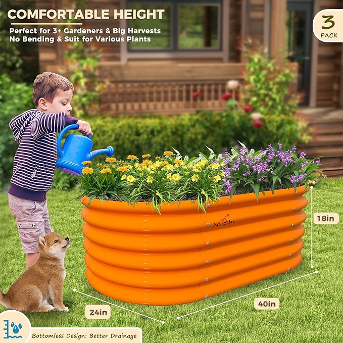A ANLEOLIFE Kids Mini Raised Garden Beds Outdoor (3-Pack)-40x24x18in Oval Round Galvanized Metal Planter Box for Planting Vegetables Flowers Fruits Eco-Safe &amp Easy Setup Peach Orange