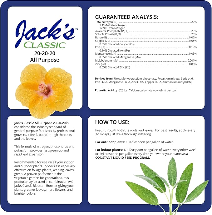 Jack's Classic 20-20-20 All Purpose Water-Soluble Fertilizer with Micronutrients to Provide General Growth on All Plants 4lbs