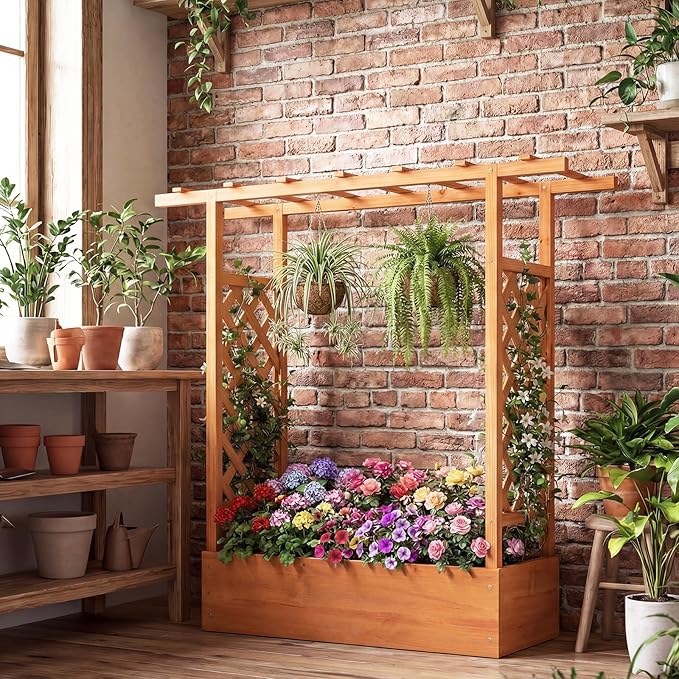 S AFSTAR Raised Garden Bed with Trellis 2 Pieces Fir Wood Planter Box with Flat Roof &amp Drainage Holes Vertical Planter Raised Bed for Climbing Plants Flowers &amp Vegetables 43 x 14 x 45 (