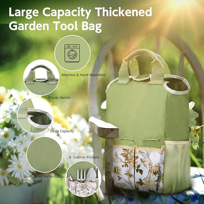Gardening Tool Set 10 Pieces Heavy Duty Stainless Steel Garden Tool Set Hand Tools with Roomy Lightweight Floral Tote Bag Rust-Proof Garden Tools for Gardening Ideal Gardening Gifts for Women Mom