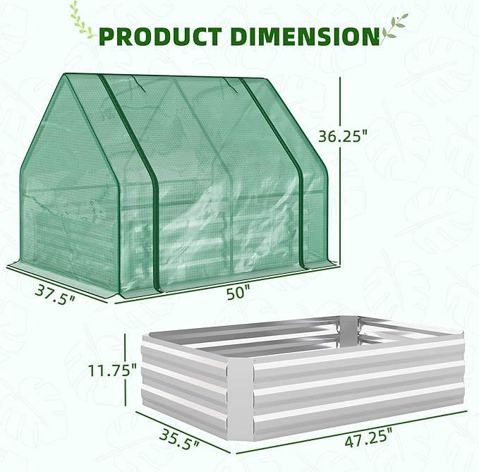 Outsunny 4 x 3 x 3ft Raised Garden Bed with Mini Greenhouse Galvanized Raised Garden Bed with Cover for Herbs and Vegetables Small Greenhouse for Patio Garden Balcony Green