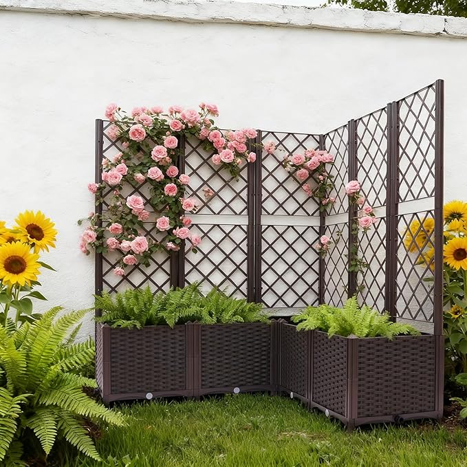 Garden Planter with Trellis Polypropylene Planter Boxes with 5 Compartments Garden Box with Privacy Screen for Outdoor Spaces Terraces Balconies-47.24 * 47.24 * 55.91in (Brown)