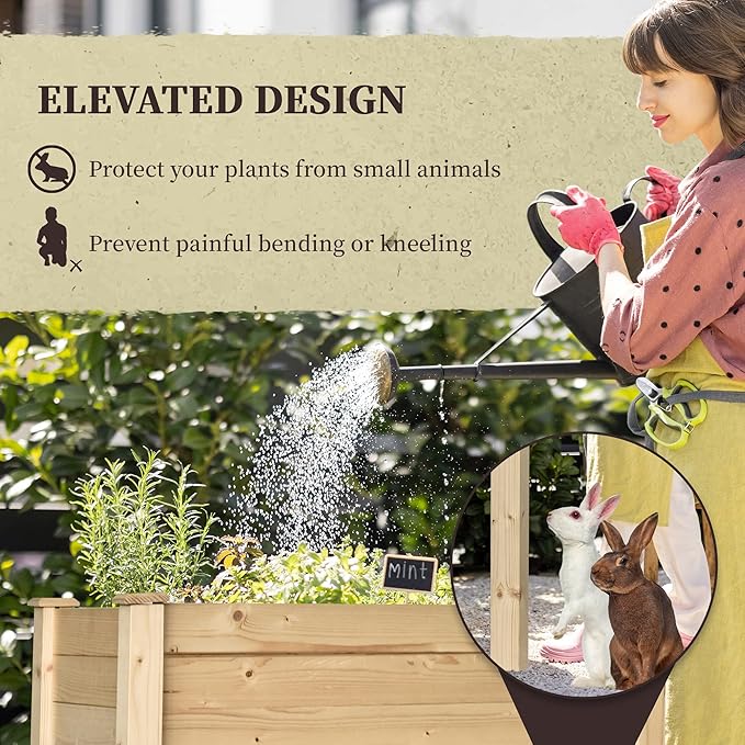 Outsunny Raised Garden Bed with Legs 34 x 18 x 30 Elevated Wooden Planter Box Self-Draining with Bed Liner for Vegetables Herbs and Flowers Backyard Patio Balcony Use Natural