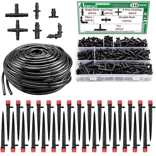 100FT 1/4 Drip Irrigation System Kit Automatic Watering System DIY Automatic Irrigation Equipment Set for Greenhouse Garden Yard Lawn