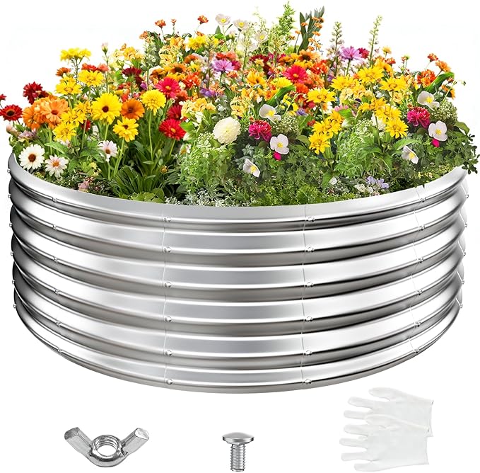 17 Tall Round Outdoor Garden Raised Garden Bed Kits-0.8MM Thick Metal Raised Planter Bed/Ground Planter Box for Variety of FlowersHerbsVegetablesTrees (Silver 48 Dia X 16.5inches)