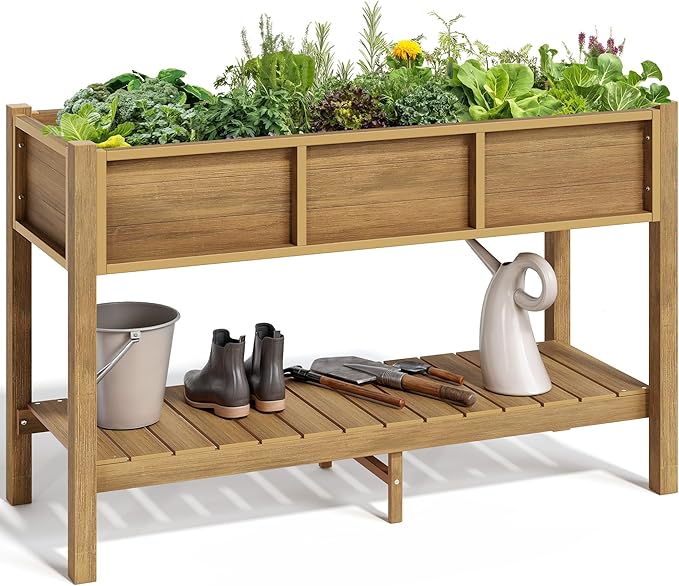 YITAHOME Raised Garden Bed Outdoor HDPE with Shelf 48x18x30in Poly-Wood Weather-Resistant Elevated Planter Box with Legs for Vegetable Flower Herb Garden Bed for Backyard Balcony Garden Brown