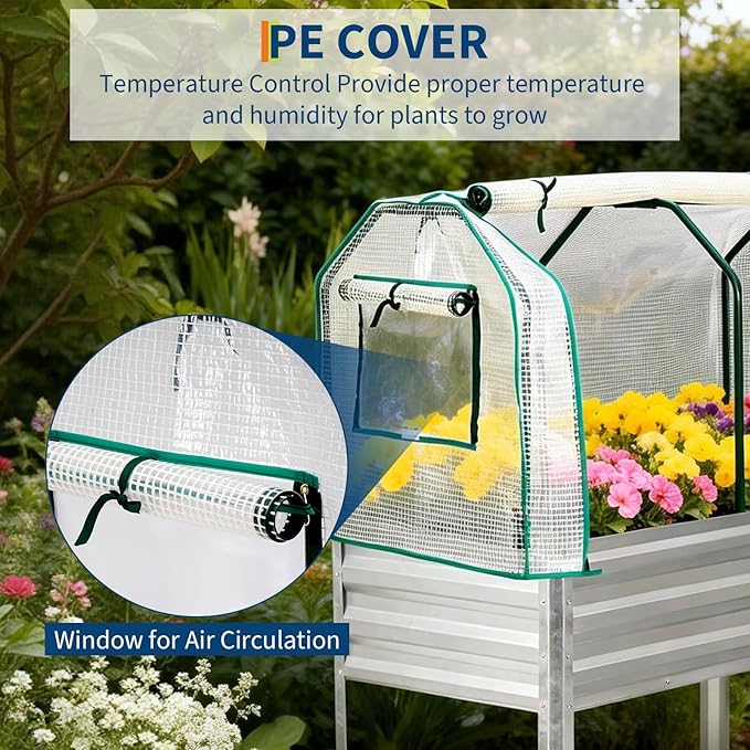 PeakPursuit Raised Garden Bed with Greenhouse Cover Raised Bed with Legs &amp Built-in Spray Tube for Vegetables Galvanized Metal Elevated Planter Box for Patio Backyard Balcony