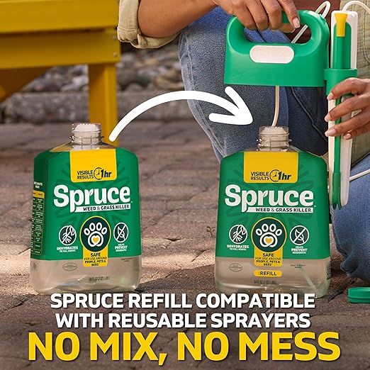 Spruce Weed Killer Refill - Versatile Weed &amp Grass Killer₂ for Flower Beds Driveways &amp Mulch Beds - No Pour No Mix No Mess Refill - Kills Dandelions Crabgrass &amp More (64 Oz)