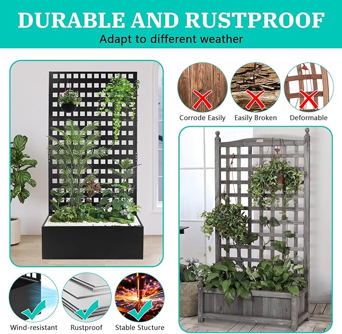 Metal Planter Box with Trellis Raised Garden Bed with Drainage Holes Privacy Planters for Patio as a Privacy Screen for Climbing Plants Outdoor (35x18x71Inch)