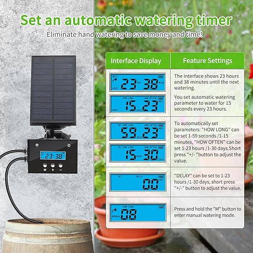 Solar drip Irrigation System Solar Automatic palnt Waterer for Outdoor Garden Irrigation System for VacationDrip Irrigation Kit with 2200mAh Battery&ampRain Sensing &ampLCD Screen