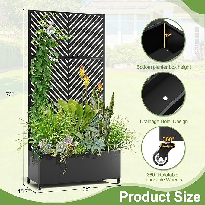 Raised Garden Bed with Trellis and Wheels73x35x16 Metal Raised Garden BedBlack Parallel Metal Planter with Climbing Trellis for Vines &amp Vegetables