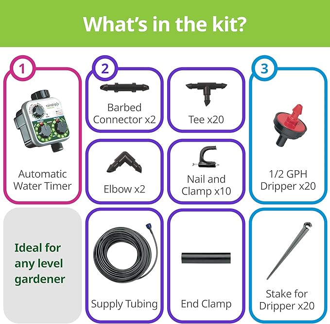 Raindrip R560DP Drip Watering System Automatic Drip Irrigation System with Timer for Containers and Hanging Baskets Waters up to 20 Plants Includes 20 Drippers Black