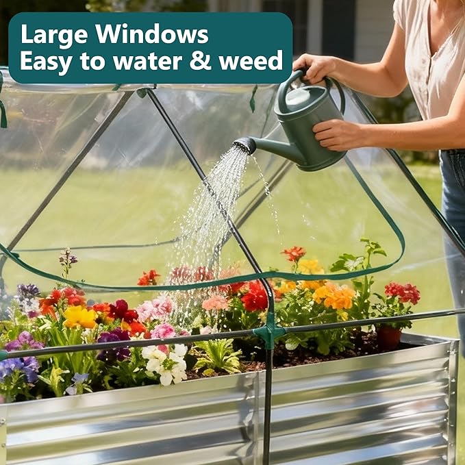 NEWBULIG 6x3x2ft Galvanized Raised Garden Bed with Greenhouse Cover Outdoor Metal Planters Box for Planting Vegetables Flowers &amp Herbs Easy Assembly Clear