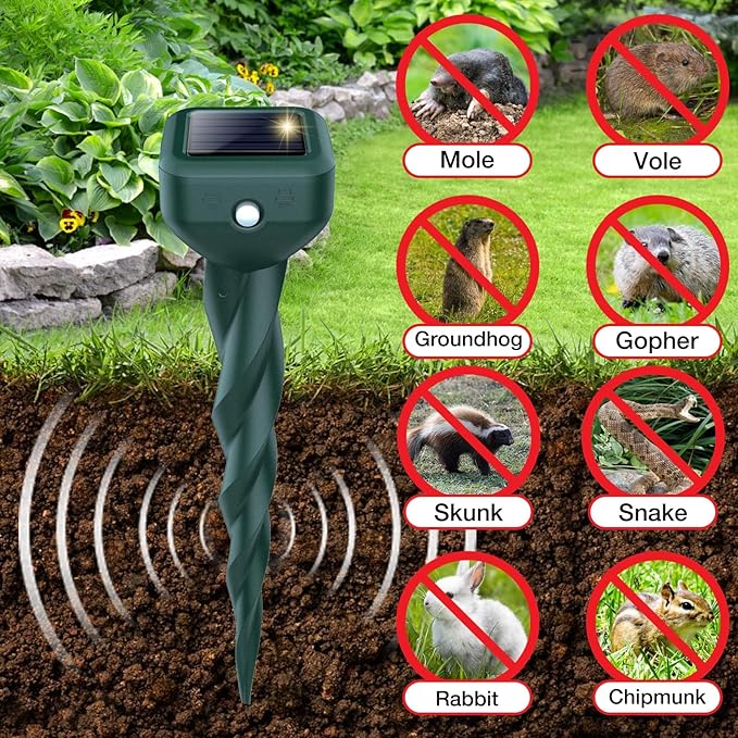 Mole Repellent Solar Powered 8 Pack Snake &amp Skunk Repellent for Yard IP 65 Waterproof Ultrasonic Deterrent Stakes Get Rid for Rabbit Gopher Vole Chipmunk Deer Groundhog for Lawns Garden