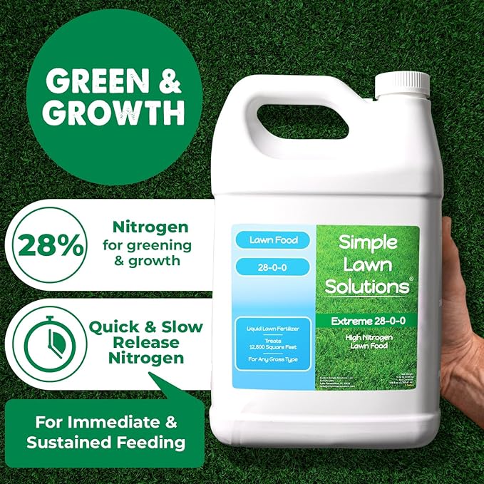 Maximum Green &amp Growth Fertilizer High Nitrogen 28-0-0 Lawn Food Liquid Fertilizer- Spring &amp Summer- Any Grass Type- Simple Lawn Solutions - Concentrated Quick &amp Slow Release Blend (1 Gall