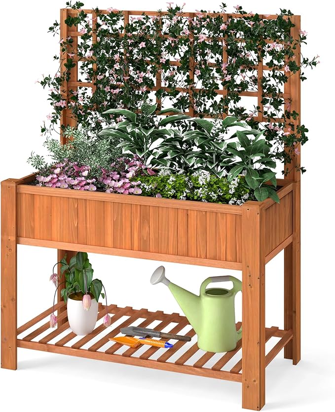 Raised Garden Bed Wooden Elevated Planter with Trellis &amp Storage Shelf All-in-One Planter for Patio Yard Balcony Outdoor Garden Enthusiasts Brown
