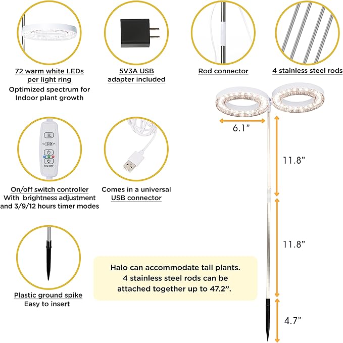 HALO Plant Light - 2 Adjustable LED Rings Warm White Spectrum - LED Grow Lights for Indoor Plants Seed Starting Seedlings Succulents Herbs &amp Vegetables - Plant Lights for Indoor Growing