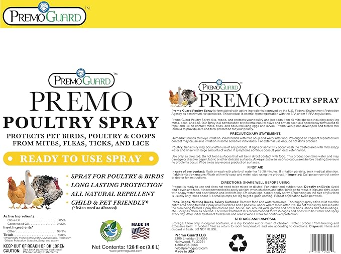 Premo Guard Poultry Spray - 128 oz - Kill Scaly Leg Mites Fleas Lice &amp Other Pest on Chickens and in Coops - Natural Plant Based Oils for Control &amp Prevention - Family Safe with No Egg Wi