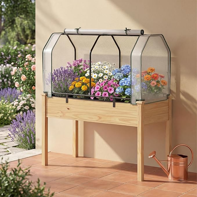 Giantex Raised Garden Bed with Mini Greenhouse w/Dual Zipper Door 47.5”x21.5”x24” Planter with Green House for Patio Lawn Garden Easy Assembly (Natural &amp White)