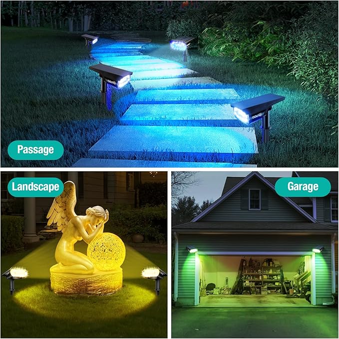 68 LEDs RGB Solar Spot Lights 1000 Lumens 9 Lighting Modes Color Changing Solar Outdoor Lights IP67 Waterproof 2-in-1 Landscape Garden Light for Yard Patio 4 Pack