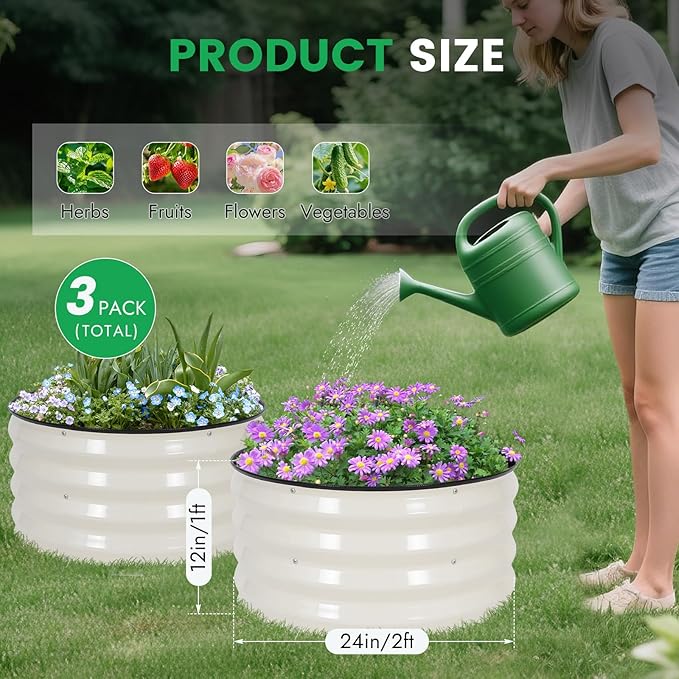 INNO STAG 3 Pcs Round Galvanized Raised Garden Bed — 2×2×1ft Planter Box Outdoor Raised Beds Kit for Gardening Vegetables Fruits Herbs and Flowers White