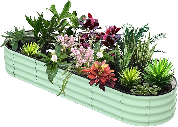 8x2x1 FT Galvanized Raised Beds for Outdoor Oval Raised Garden Bed with Open Base Tool-Free Assembly Planter Raised Boxes for Outdoor Vegetables &amp Flowers Green