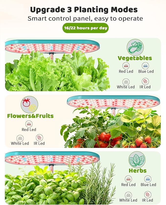 Hydroponics Growing System Kit 16 Pods Vertical 8L Indoor Gardening System for Herb Vegetable Fruit with LED Grow Light Smart Water Circulation 3 Light Modes &amp 2 Timer Green