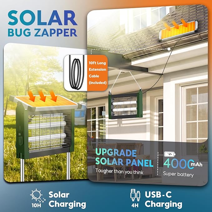 Solar Bug Zapper Outdoor PhatroyYee Mosquito Zapper 4500V Waterproof Portable Fly Zapper Rechargeable Electric Mosquito Killer Cordless Fly Insect Mosquitos Trap for Patio Yard Camping(Army Green)