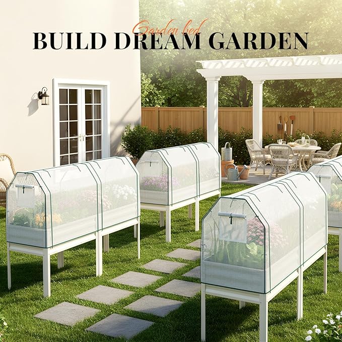 KING BIRD Large Raised Garden Bed with Cover Galvanized Elevated Planter Box with Legs 72×23×55 in for Backyard Patio Balcony 700lb Capacity Beige