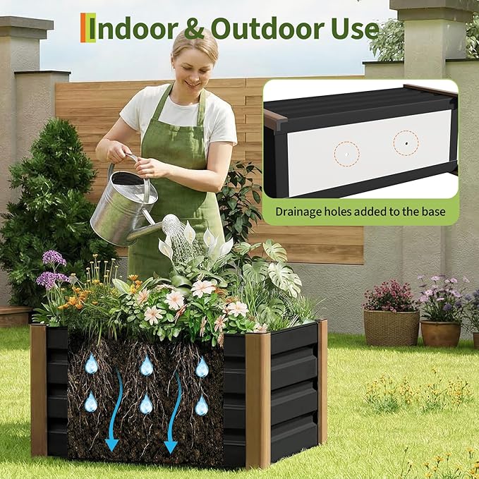 Garvee Aluminum Planter Box 24x16x18 Modern Raised Garden Bed with Rounded Corners &amp Anti-Cut Edging Deep Design with Drainage Holes for Outdoor Patio &amp Balcony Gray