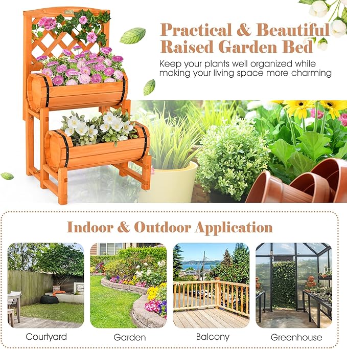Giantex Raised Garden Bed with 2 Barrel Planters &amp Trellis 2-Tier Freestanding Wooden Raised Bed for Vegetable Flower Fruit Indoor Outdoor Plant Box for Garden Yard Balcony