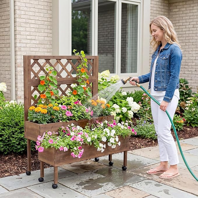 41.93x22.44x54.13 Raised Garden Bed with Trellis 2-Tier Planter Box with Legs Elevated Wood Planter Box Stand for Backyard Patio Balcony with Wheels Drainage Holes Brown