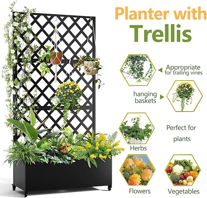 Large Metal Raised Planter Box with Trellis &amp Wheels – Galvanized Garden Bed with Privacy Screen &amp Drainage Holes for Climbing Plants &amp Vines Outdoor/Indoor for Patio Balcony &amp Garde