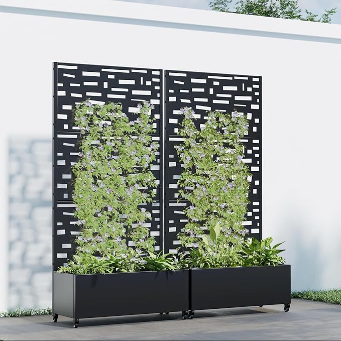 Casaphoria 72x35 Metal Raised Garden Bed with Trellis(2 Pack) Outdoor Planter Box with Wheels &amp Drainage Holes for Climbing Plants Flowers Elevated Garden Kit with Privacy Screen Black-Geral