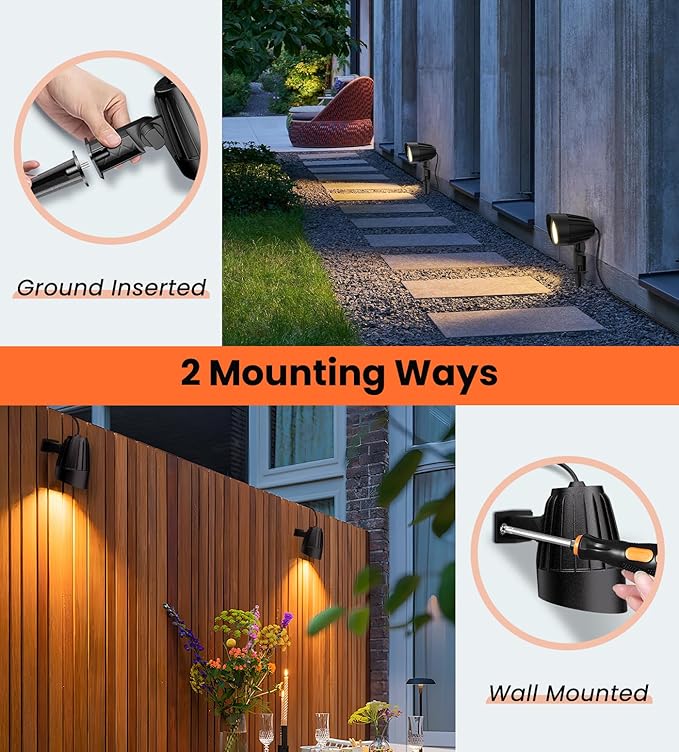 MEIKEE 12W Landscape Lighting 120V 2700K Warm White LED Garden Lights IP66 Waterproof Outdoor Landscape Spot Lights with US Plug for Wall Tree Fence Yard Path (2 Pack)
