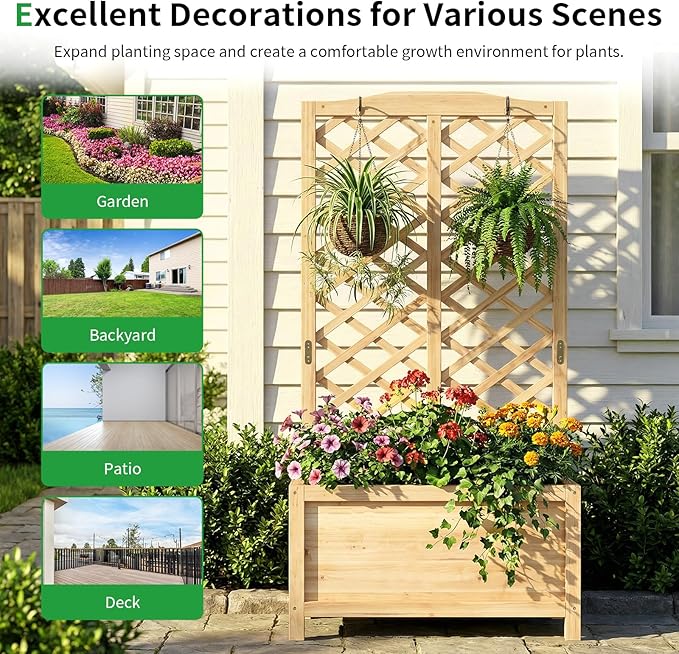 SUNYRISY Raised Garden Bed with Trellis for Climbing Plant Outdoor 59x30x16 Wooden Vertical Planter Box with Privacy Screen for Gardening Vine Flowers Vegetables
